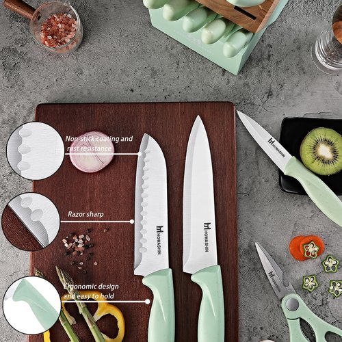 Knife Set With Block,Howashin14 Pieces Kitchen Knives Set With Block,High Carbon German Stainless Steel Knife Set With Sharpener Rod,Scissor and Peeler as A Gift,Green Knife Block Set