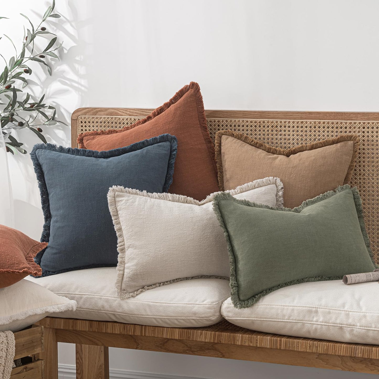 MIULEE Decorative Throw Pillow Covers - Set of 2 Neutral Beige Linen Fringe Cushions | 20x20 Inch Boho Farmhouse Decor