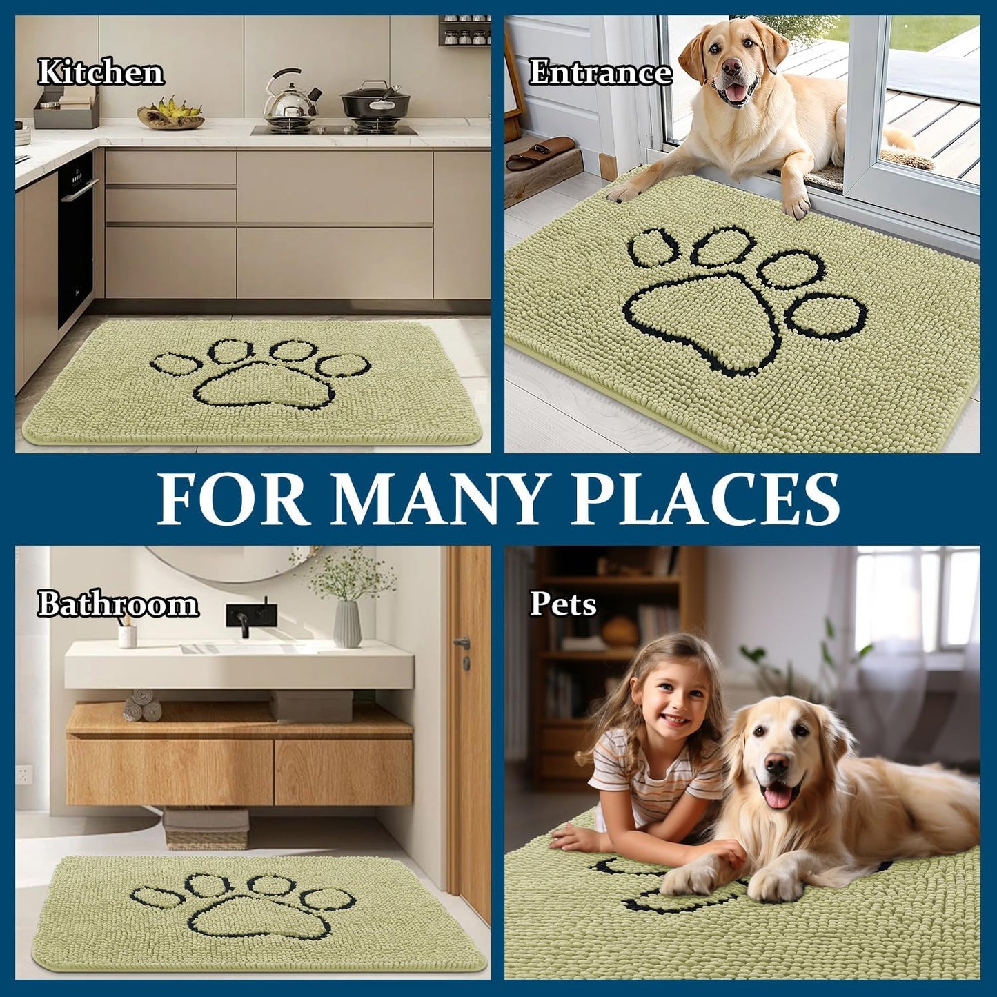 OLANLY Dog Door Mat - Absorbent Non-Slip Mud Mat for Paws | 48x30, Quick Dry Chenille, Vanilla