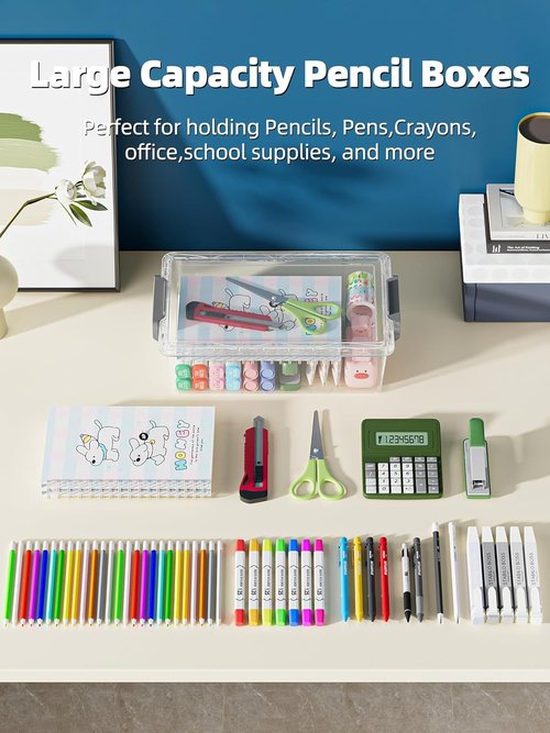 BiuLeon Extra Large Pencil Box Set - Clear Plastic Organizer for Art Supplies | Stackable Craft Storage (Grey)