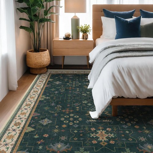 Hazo Haus Dark Green Oushak 5x8 Living Room Rug - Modern Vintage Boho Floral Design | Washable Non-Slip Area Rug for Nursery & Dining