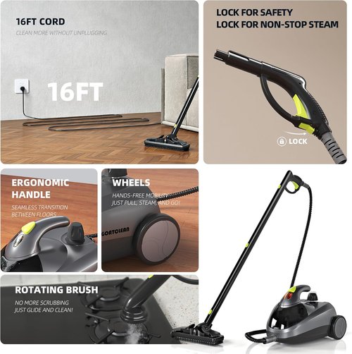 Heavy-Duty Steam Cleaner - 1500W Handheld Floor Steamer with 22 Accessories & 16ft Cord for Deep Cleaning