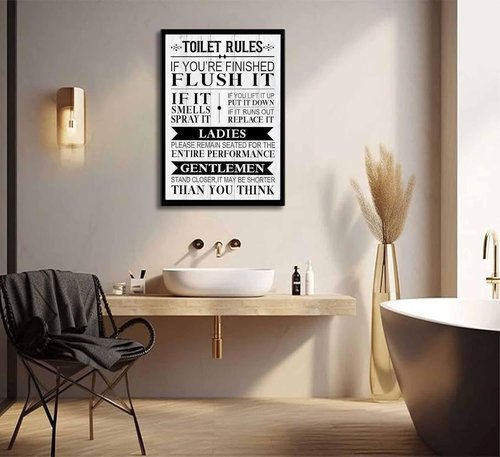 Funny Toilet Rules Canvas Wall Art - Black and White Humor for Eclectic Bathroom Decor