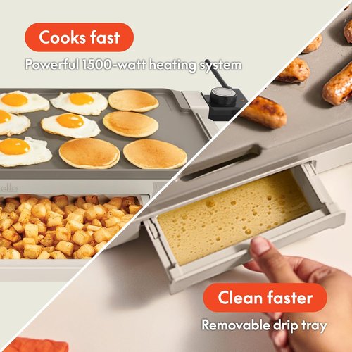 Bella Electric Griddle - 10" x 20" with Warming Tray & Nonstick Ceramic Coating | 1500 Watt, Oatmilk