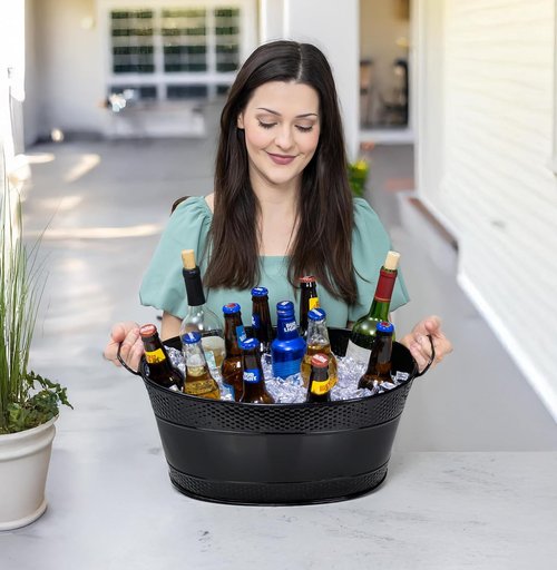 BREKX Colt Black Galvanized Beverage Tub with Handles, 16-Bottle Metal Bucket Ice Cooler to Chill Drinks, Oval Metal Basket for Drinks or Storage Bin - 15 Quarts (4 Gallon)