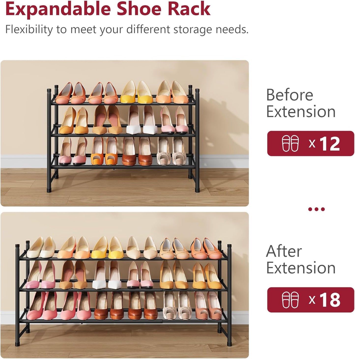 Tajsoon Expandable Shoe Rack - 3-Tier Adjustable & Stackable Metal Organizer | 28"-41" Black Storage Solution