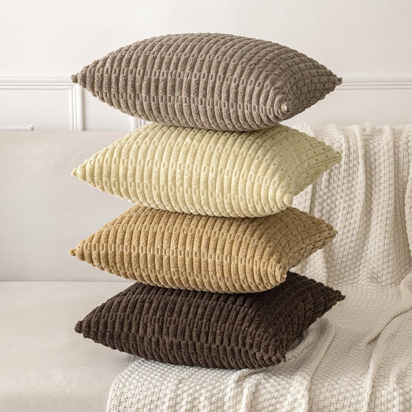 MIULEE Decorative Throw Pillow Covers - Soft Corduroy Boho Striped Design | 16x16 Inch, Dark Brown, Set of 2