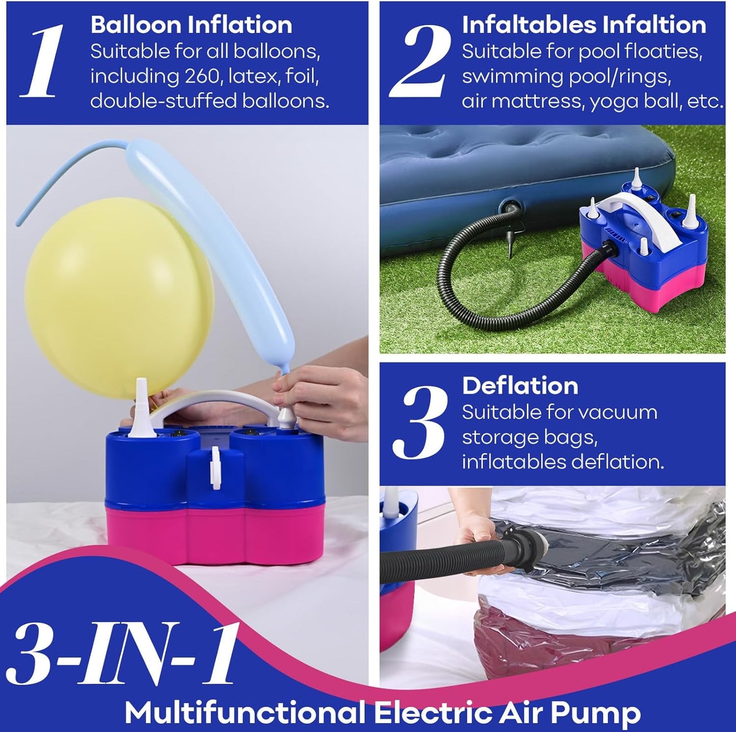 Skiennix Electric Balloon Pump - 3-in-1 Portable Air Inflator/Deflator for Latex & Foil Balloons | 110V Dual Nozzle