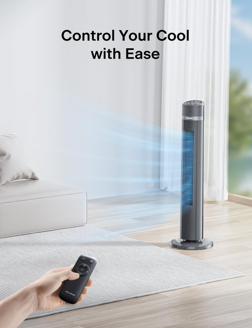 PELONIS 40-inch Bladeless Tower Fan for Bedroom, Standing Fan with Remote Control, 26ft/s, 90Β° Oscillation, 3 Speed Settings, 27 dB, 3 Modes, 15-Hour Timer, LED Display, Fan that Blows Cold Air, Black