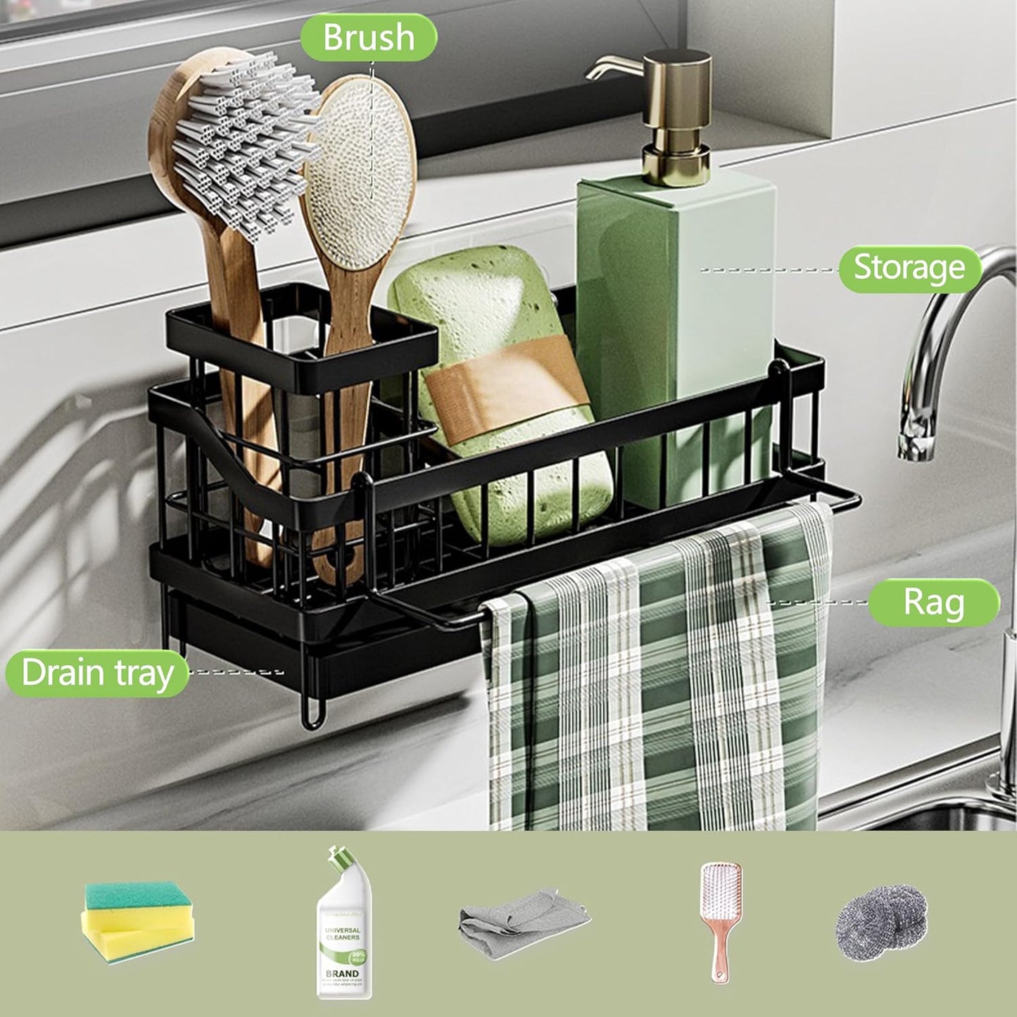Skiennix Kitchen Sink Caddy Organizer - Rustproof Sponge Holder & Brush Storage | Multi-Functional Soap Dispenser