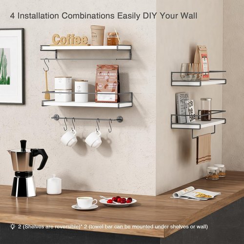 Forbena Floating Bathroom Shelves - Wall-Mounted Organizer with Towel Rack | Set of 2 (White-Dark Grey)