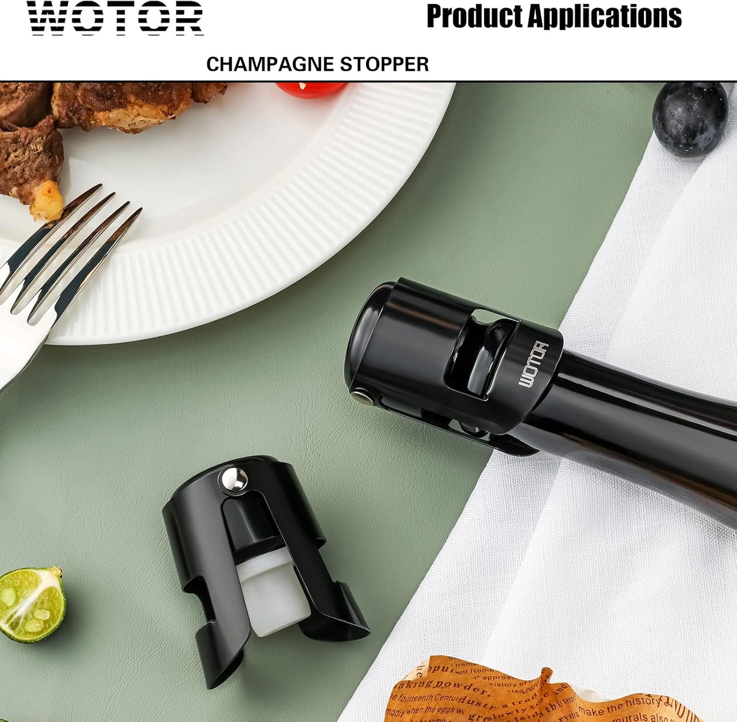 WOTOR Champagne Stoppers with Stainless Steel Champagne Bottle Stopper with Food Grade Silicone Reusable Champagne Cork, Saver Suitable for Champagne, Cava, Prosecco, Sparkling Wine (Black, 2pack)