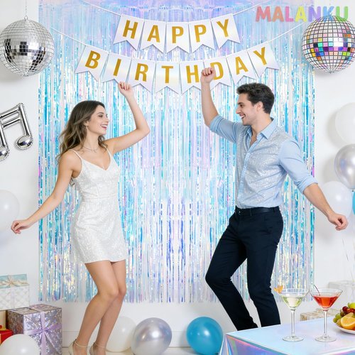 MALANKU Iridescent Streamers - Tinsel Curtain Backdrop for Mermaid & Winter Parties | 2 Packs, 3.3ft x 6.5ft