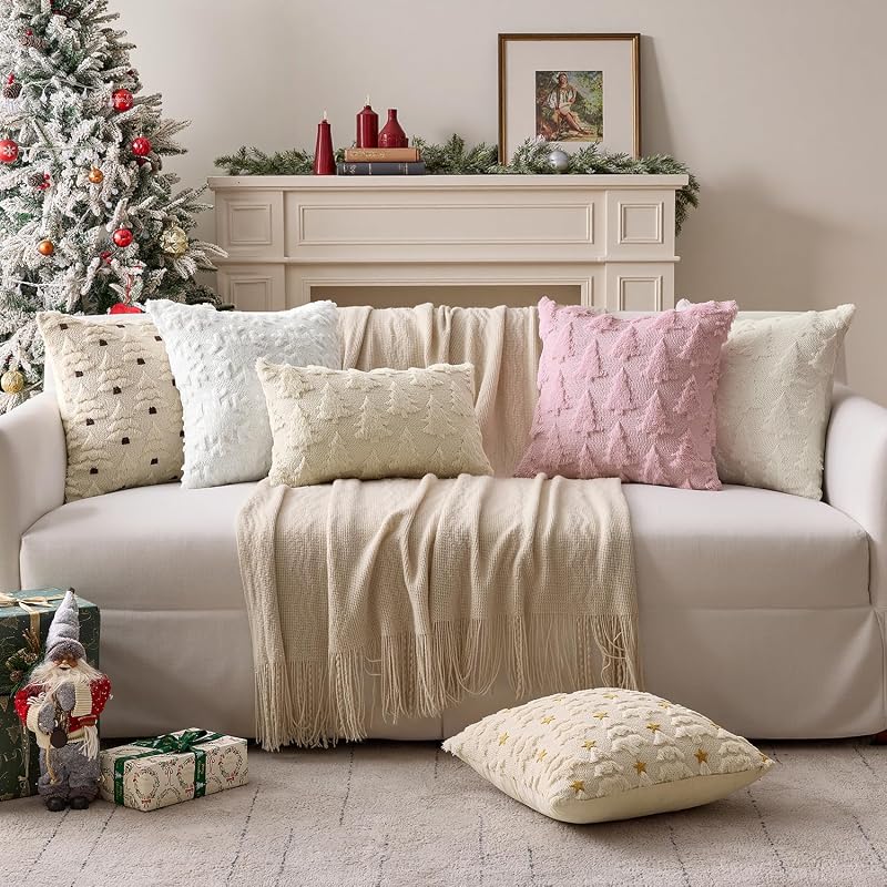Christmas Tree Pillow Cover 18x18 Inch Red - Pack of 2 | Embroidered Tree Design
