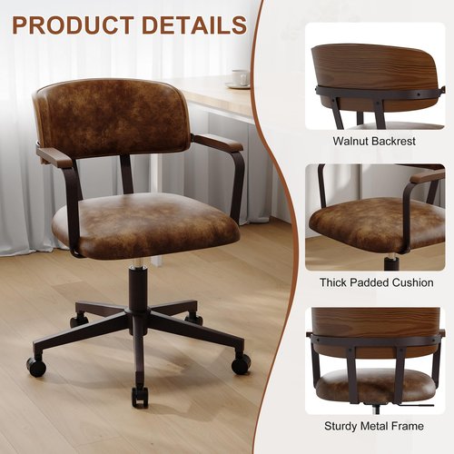 BFZ Mid Century Modern Home Office Chair, Faux Leather Rolling Swivel Desk Chair with Walnut Back, Adjustable Height Computer Task Armrests Chair for Home Office, Brown