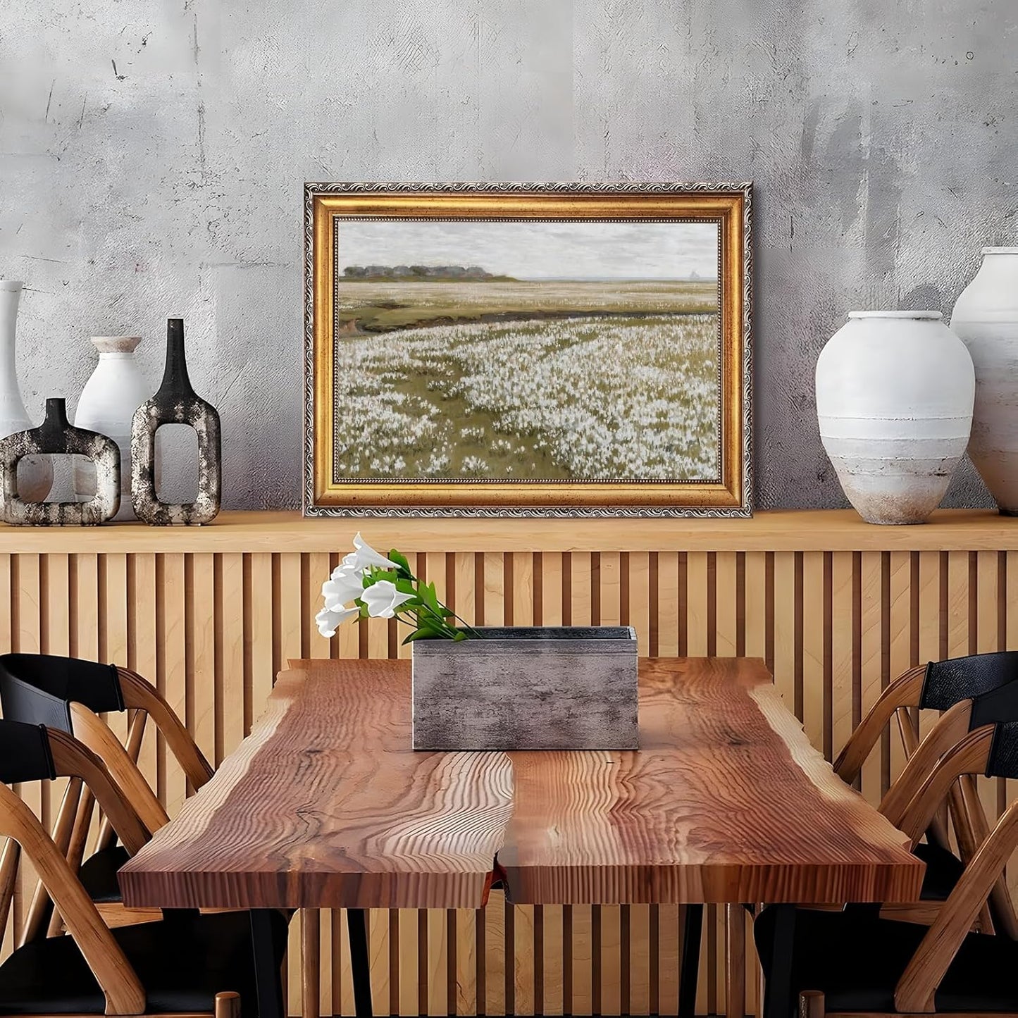 Skiennix Vintage Spring Meadow Canvas Print - Wildflower Wall Art for Living Room & Office | 24x36 Inch with Golden Frame