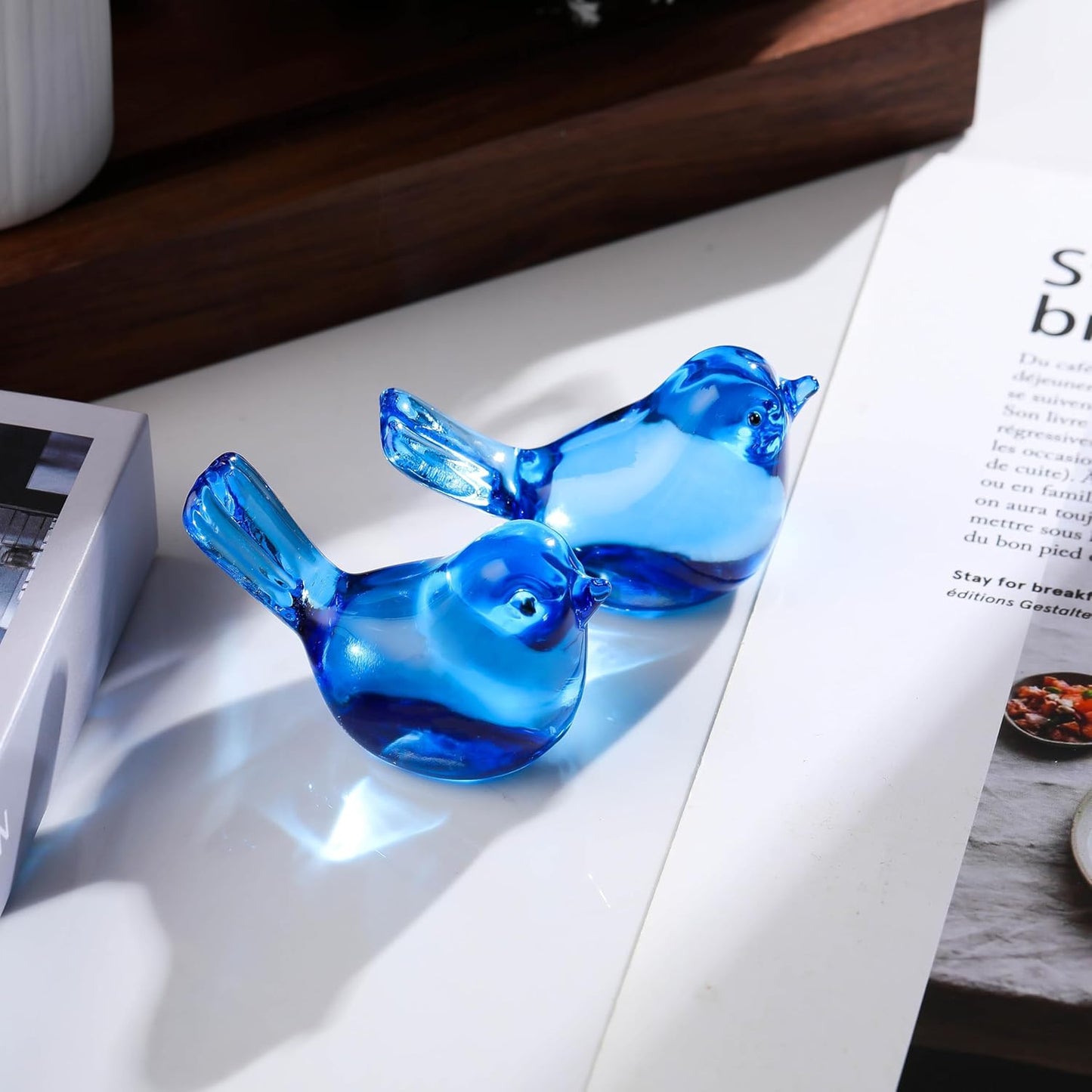 Qianwei Crystal Bird Figurine Set - Handmade Blown Glass Birds for Office Desk Decor | 2pcs Sky Blue