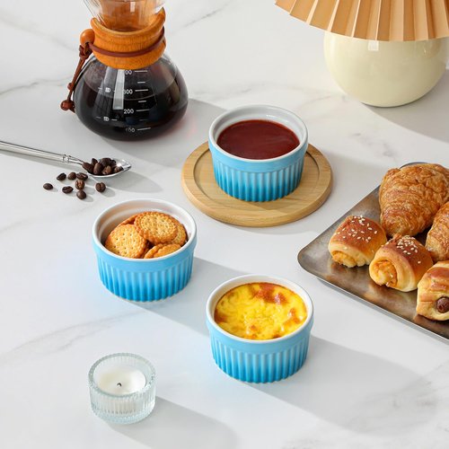 MALACASA Ramekins - 4 Oz Oven Safe Ceramic Souffle Dishes for Baking | Set of 6 Blue Custard Cups