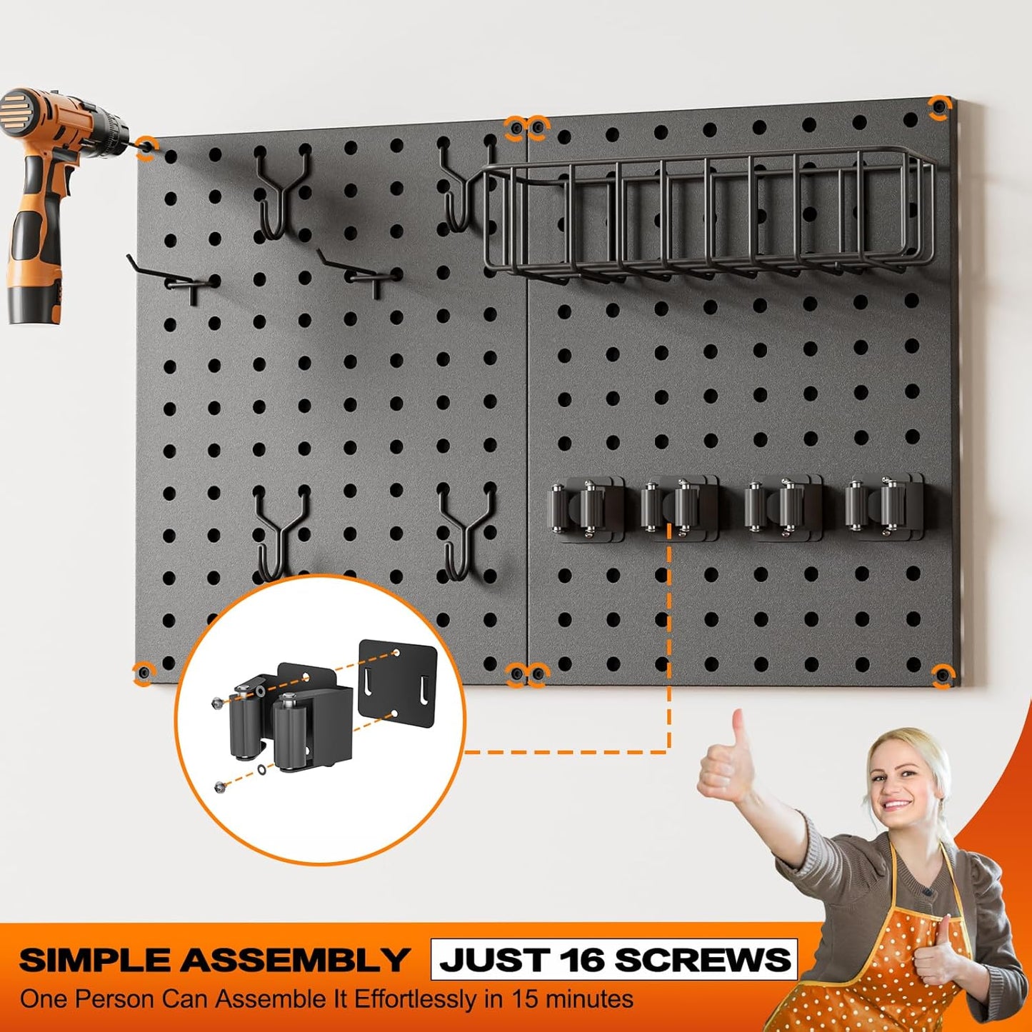 Peg Board Wall Organizer by Broom Holder - Mop Hanger with Gripper Hooks & Basket for Laundry Room Storage