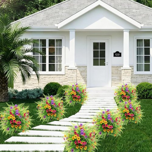 Daizy & Fern Artificial Boxwood Topiary Ball Trees - UV Resistant 23" Outdoor Shrubs with Colorful Flowers for Garden & Patio