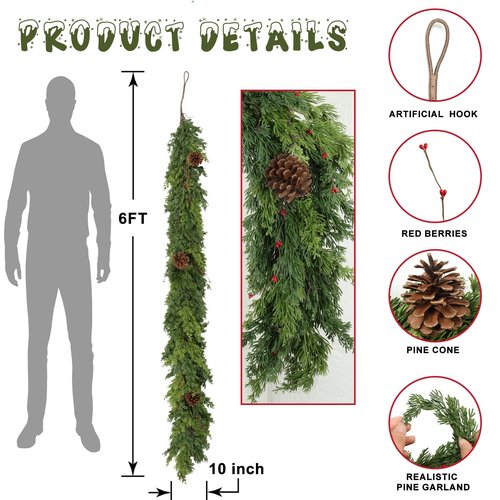 6 Ft Real Touch Christmas Garland Indoor with Pine Cone,Thick and Lush,Soft Bendable Mantle Garland Christmas, Lifelike Cedar Garland, Christmas Garland for Mantle,Indoor Christmas Decorations