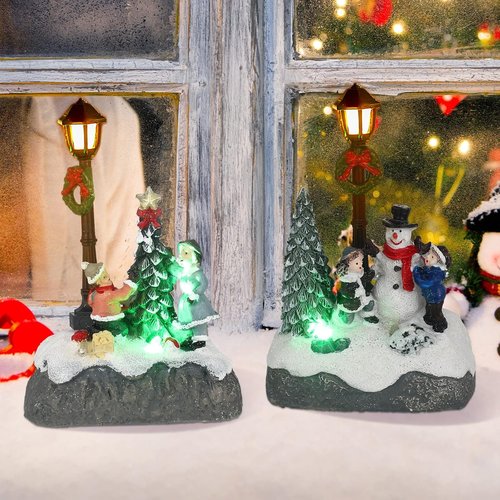 Karenhi Christmas Village Set - 2 Pcs Snowman, Tree & Santa Figurines with LED Lights | Rustic Tabletop Decor