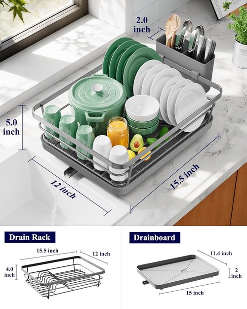 Kitsure Dish Drying Rack - Stainless Steel Kitchen Organizer with Cutlery Holder | 12"W x 15.5"L, Grey