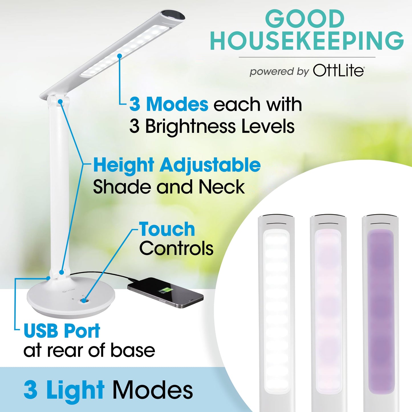 OttLite Good Housekeeping Sanitizing Light & Desk Lamp with USB Charging, LED Desk Lamp, Book Light, Reading Light, Touch Activated, Flexible Neck, Desk Light for Home Office, Light Stand
