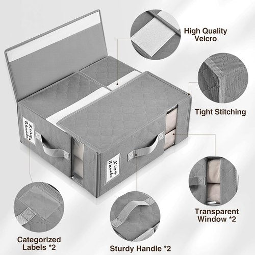 Homsorout Bed Sheet Organizers - Foldable Linen Storage with Window & Labels | XL Grey 6-Pack