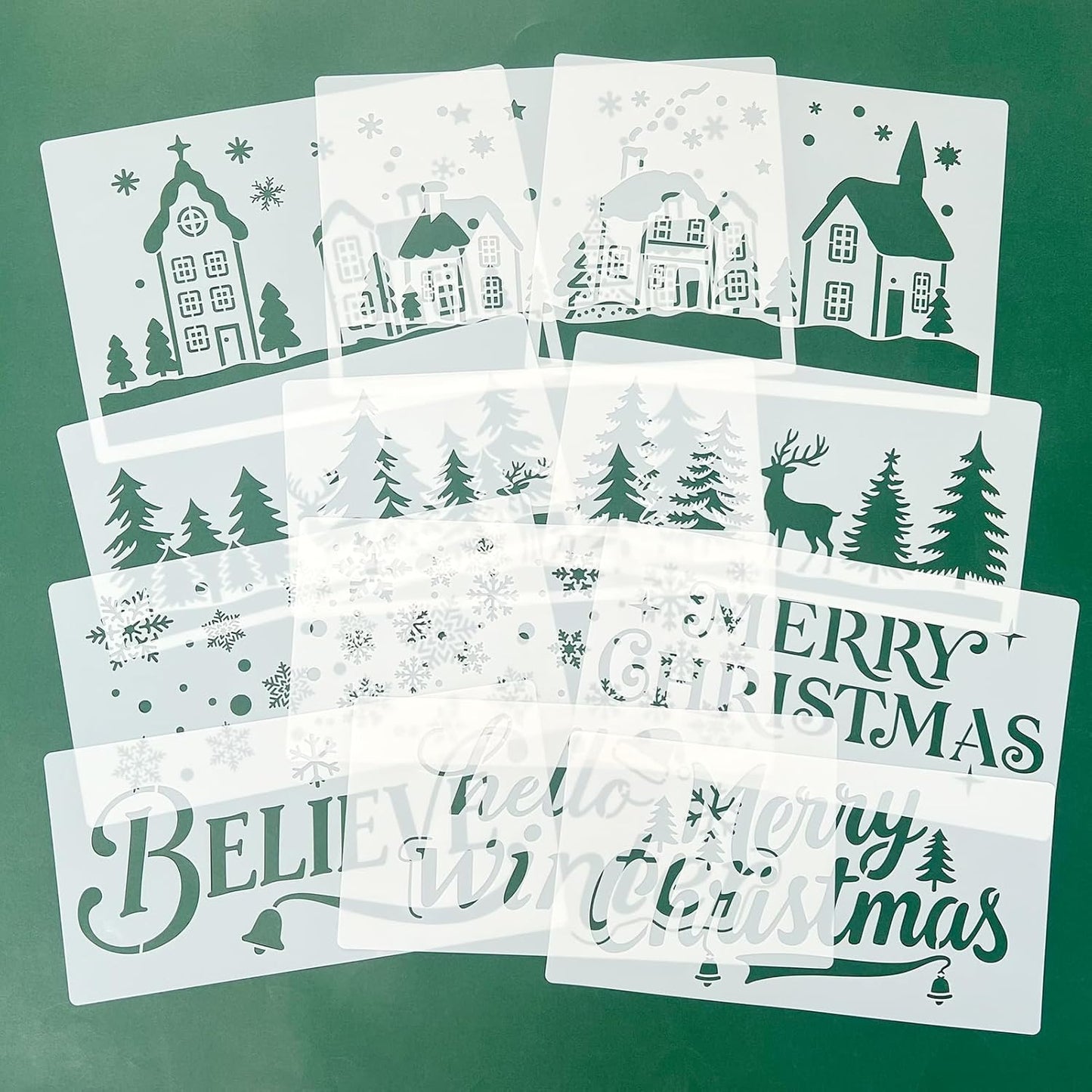 Skiennix Large Christmas Stencils - 12 Pcs Winter House, Snowflake & Pine Tree Designs for Painting on Wood, Glass & More