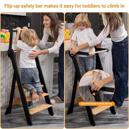 COSYLAND Foldable Toddler Standing Tower - Adjustable Height Folding Step Stool Kid Toddler Kitchen Stool for Learning and Cooking - Ages 18 Months to 6 Years with Safety Net Natural & Charcoal