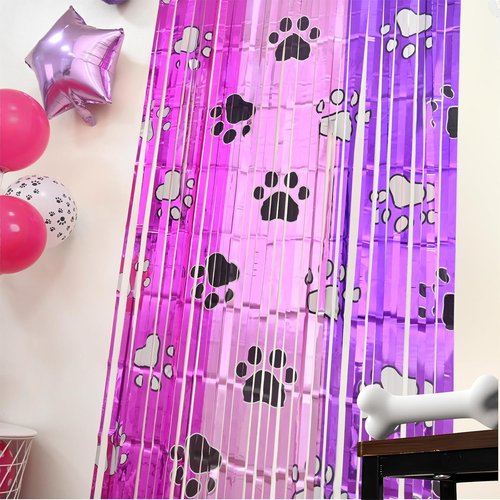 Bupelo Pink Paw Birthday Decorations - 2 Pack Tinsel Foil Fringe Curtains | 3.3 x 6.6ft Dog Party Backdrop