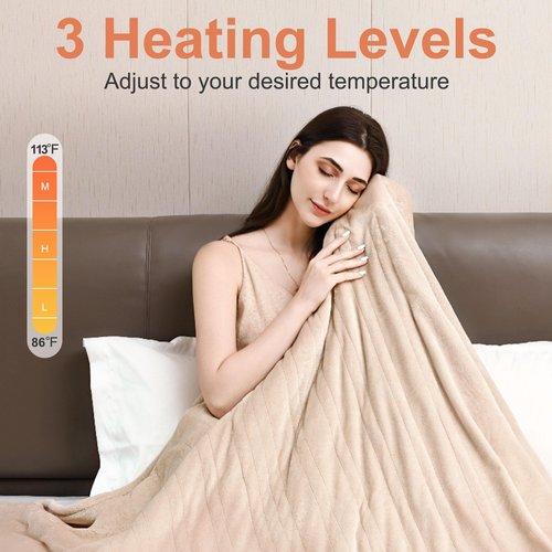 FluffyWarmth Electric Heated Blanket Full Size,72"X84" Electric Blanket Throw with 3 Heating Settings,8 Hours Auto Shut Off, Soft Flannel and Sherpa for Bed Use, Beige