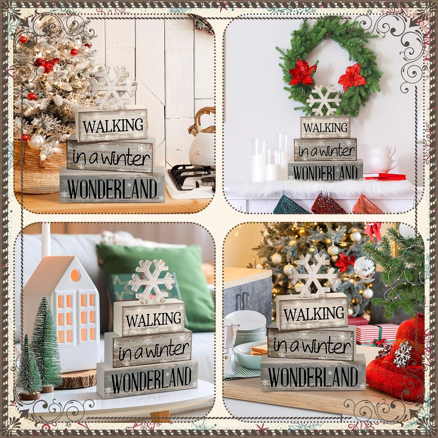 Moucuny Winter Table Decorations - 4 Pcs Wooden Snowflake Decor for Rustic Christmas Centerpiece