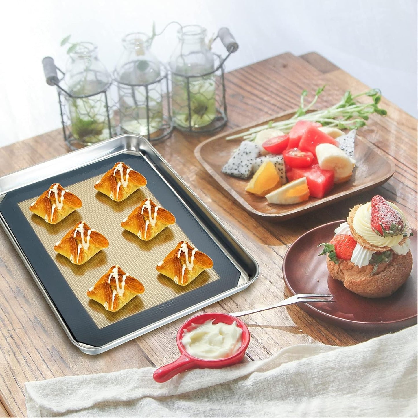 Yododo Baking Sheet Set - Heavy-Duty Stainless Steel Cookie Trays with Silicone Mats | 12-Inch Size