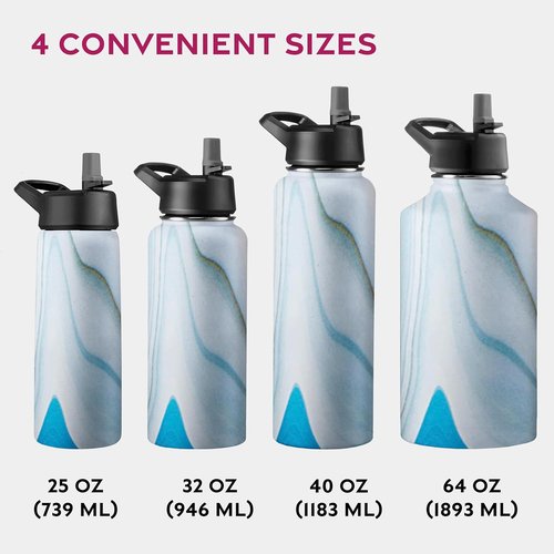 FineDine Stainless Steel Insulated Water Bottle - 25 Oz with Straw Lid & Flip Lid - Exquisite Blue Marble