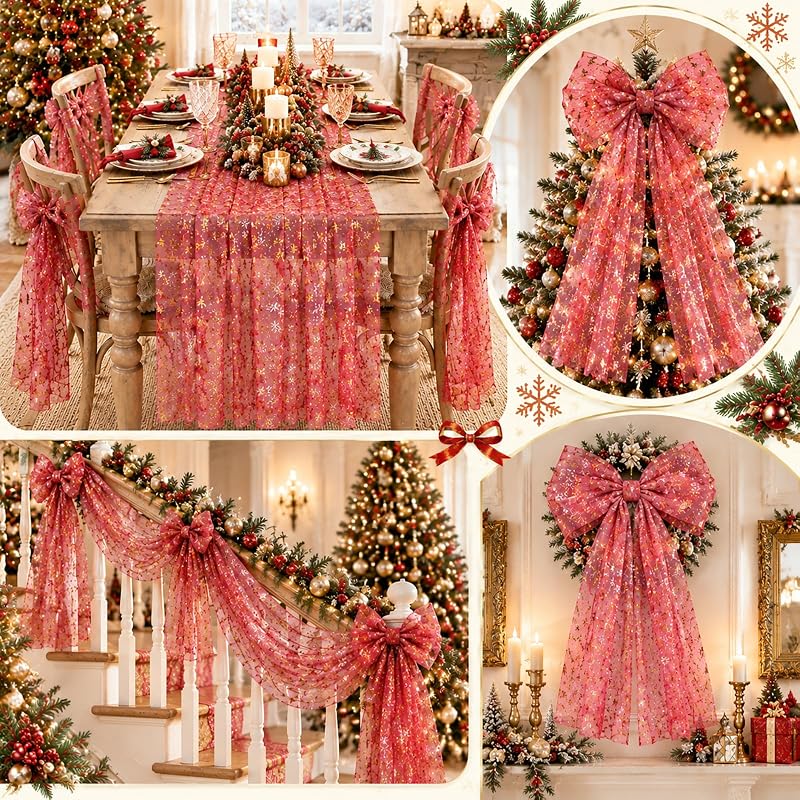 Christmas Snowflakes Table Runner Gauze with Metallic Foil, 29x120 Inches - Xmas Red Gold
