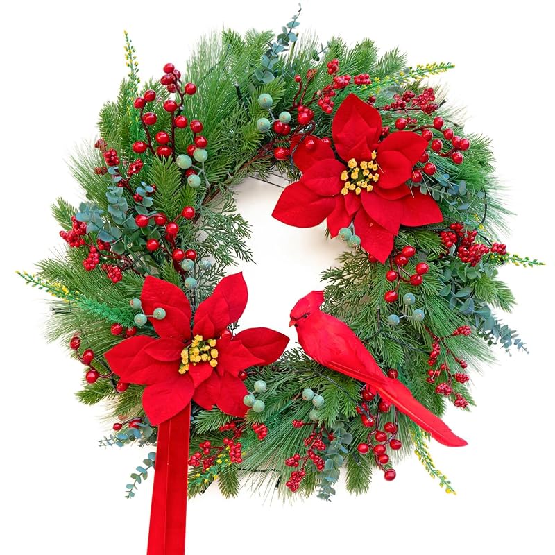 24-Inch Pre-Lit Christmas Door Wreath with Cardinal Birds & Poinsettia