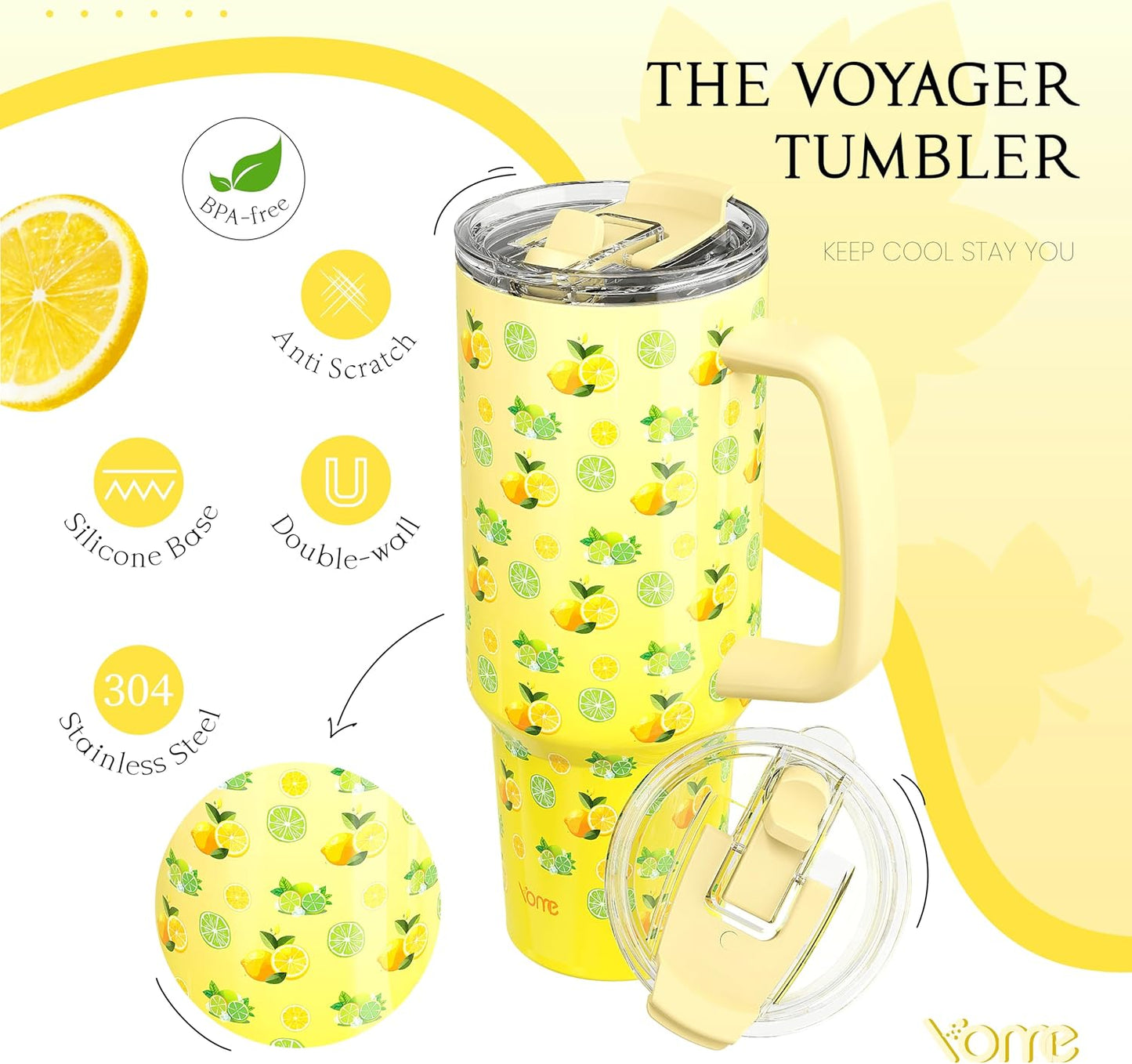 YOME 40 oz Lemon Yellow Tumbler - Insulated Stainless Steel Water Bottle with Handle & Flip Straw | Dishwasher Safe, Cupholder Friendly