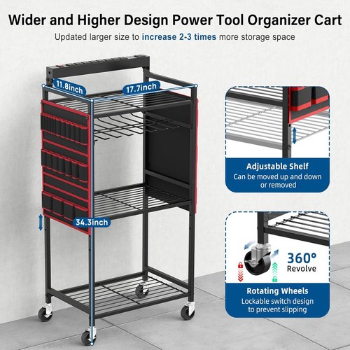 JUNNUJ Power Tool Organizer Cart - Heavy Duty Rolling Storage with 8 Outlets & 3 USB Ports | Floor Rack on Wheels
