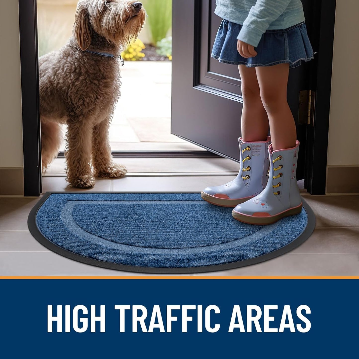 OLANLY Half Circle Door Mat - Waterproof All-Season Welcome Mat | Sturdy Natural Rubber, 33x21, Light Blue