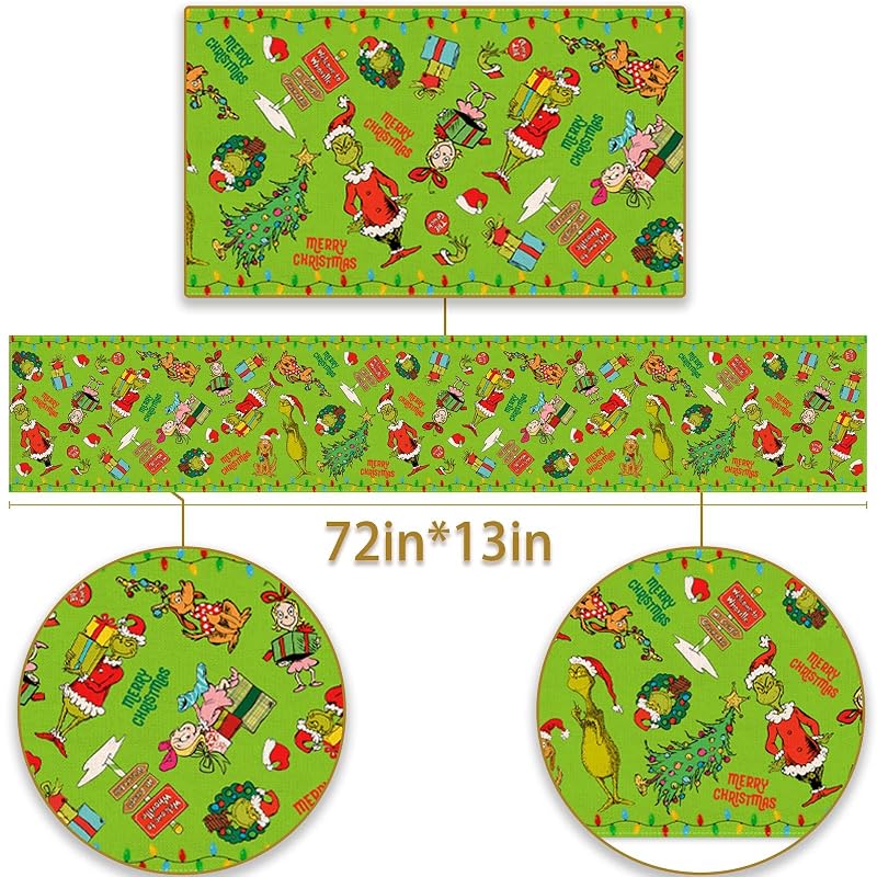 Merry Christmas Table Runner 13 x 72in Green Linen Rustic Decor