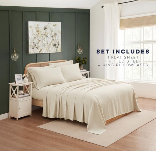 Casual Living Cali King Sheets Set 6 Piece Cooling Bed Sheets with 4 Envelope Pillowcases Soft Microfiber Deep Pocket Hypoallergenic Washable Bedding Set for Master Bedroom, California King, Beige