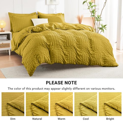 HYMOKEGE Mustard Yellow Full Size Comforter Sets Seersucker 7 Pieces, All Season Luxury Bed in a Bag for Bedroom, Bedding Set with Comforter, Sheets, Pillowcases & Shams