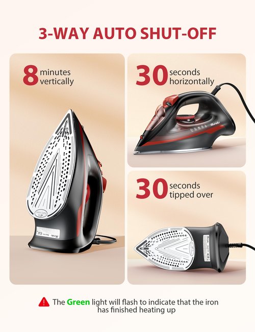 1500W Red Steam Iron for Clothes, 350ml Water Tank with Auto-Off, Powerful Burst of Steam, Self-Clean, Anti-Calc & Anti-Drip, Ceramic Soleplate