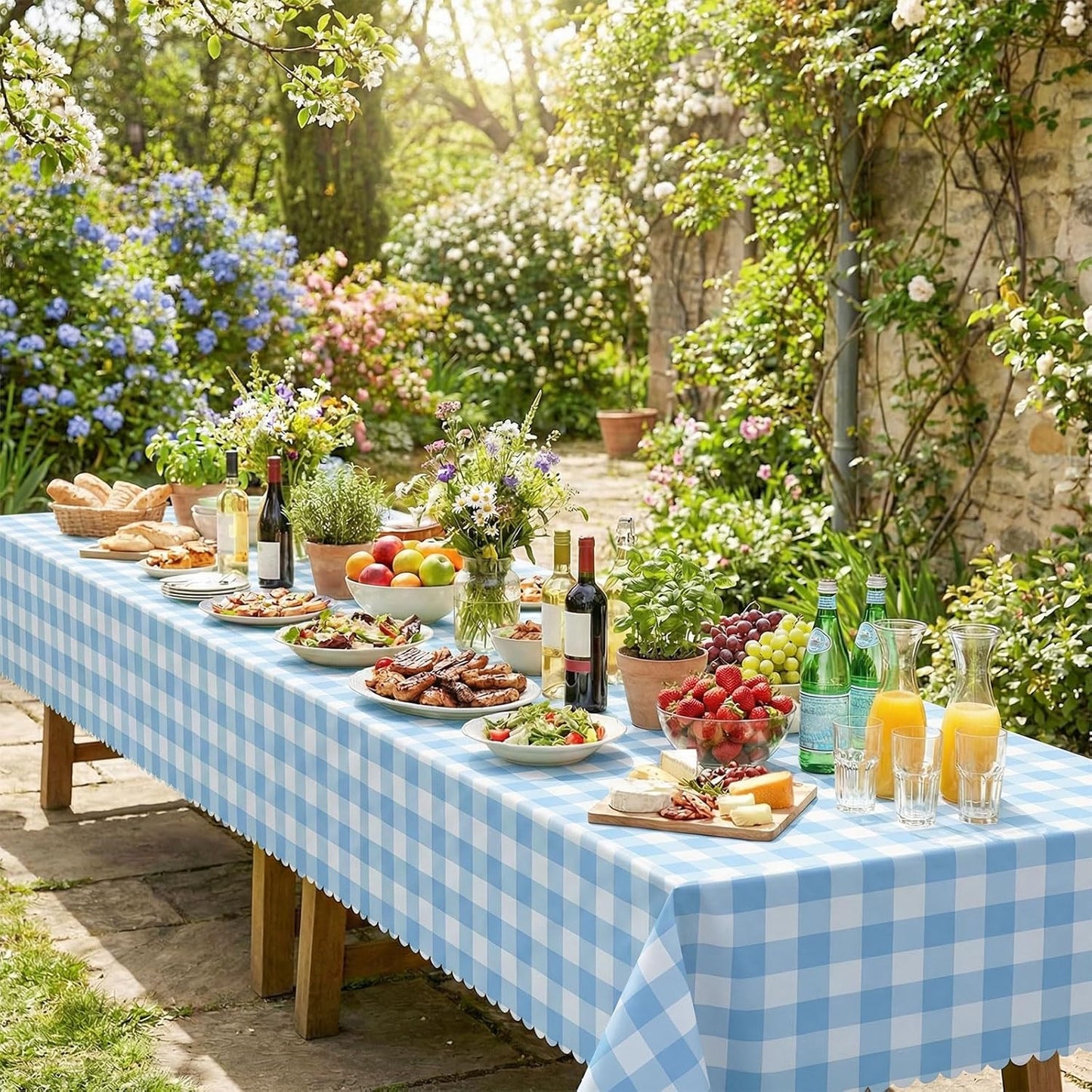 Skiennix Blue Gingham Tablecloths - 3 Pack Disposable Scalloped Design | 54 x 108 Inch for Events