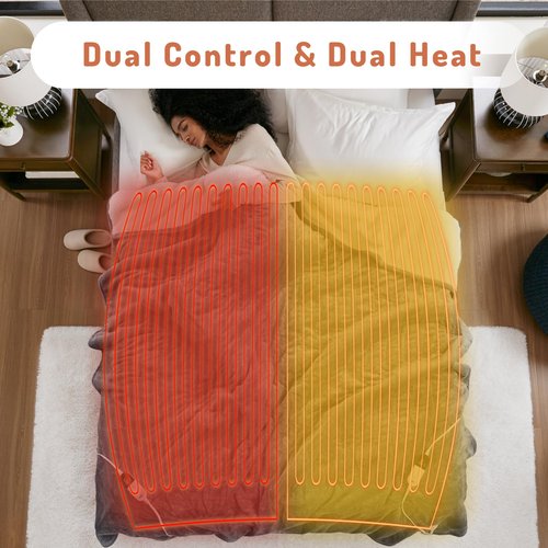 Degrees of Comfort Electric Heated Blanket Queen Size with Dual Control - Soft Flannel Heating Blankets with 6 Heat Settings, 10-Hour Auto Shut-Off, Overheat Protection, ETL Certified - 84x90'', Grey
