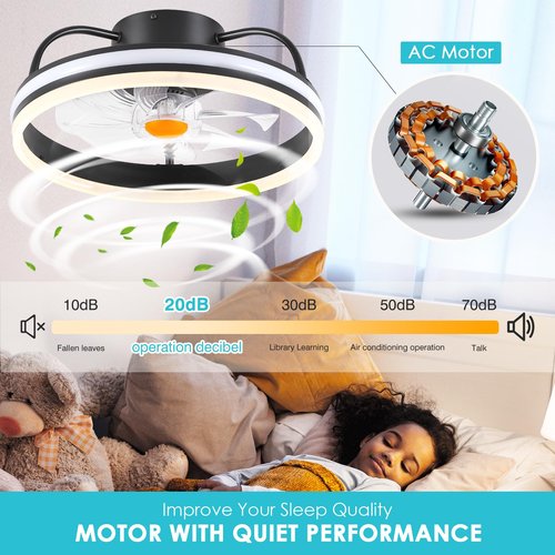 Ceiling Fan-Low Profile Ceiling Fan with Light - Modern Flush Mount Ceiling Fan,16" RGB Dimmable LED Enclosed Ceiling Fans,Modern Bladeless LED-RGB Ambient Light for Bedroom Kids Room Party(Black)