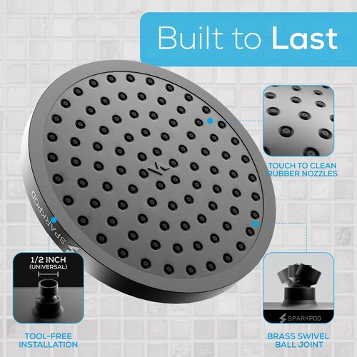 SparkPod Shower Head - High Pressure Rain - Premium Quality Luxury Design - Easy Clean Adjustable Replacement for Your Bathroom Shower Heads (Midnight Black Matte, 8 Inch Round)