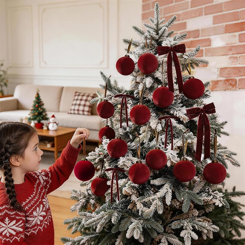 36 Pcs Burgundy Velvet Christmas Ornaments Set — 3.15in Balls & Velvet Ribbon Bows